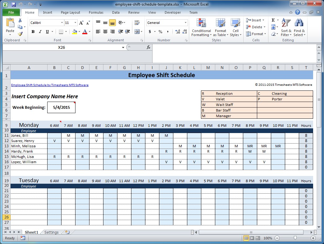 Microsoft Excel Employee Schedule Template